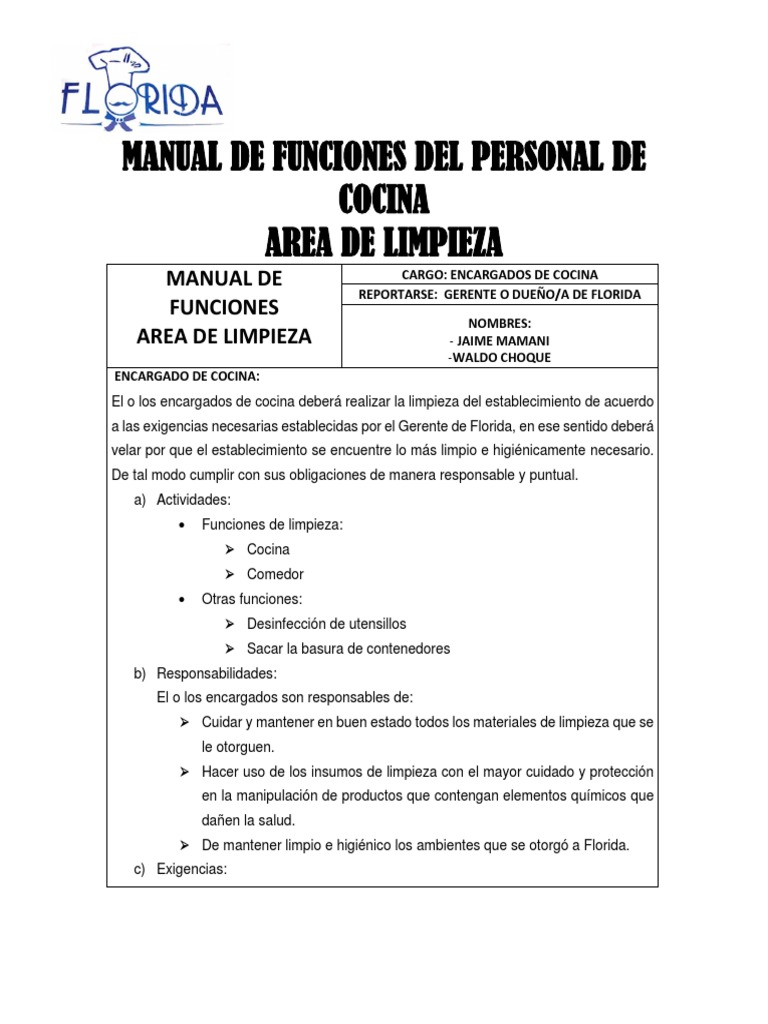 Manual de Funciones Del Personal de Cocina | PDF | Cocina