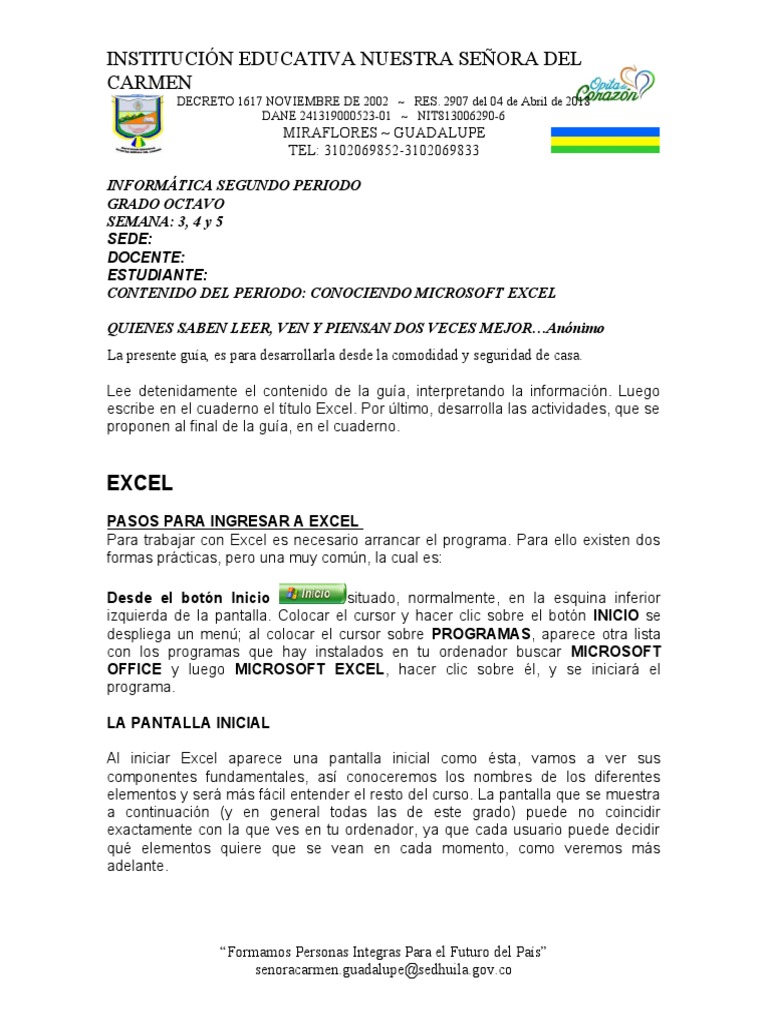 Guía de Microsoft Excel para Octavo Grado | PDF | Microsoft Excel ...