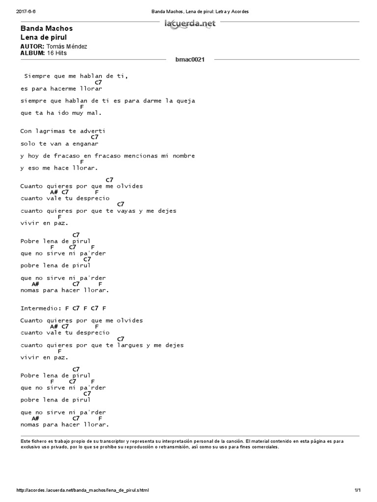 Banda Machos, Lena de Pirul - Letra y Acordes | PDF
