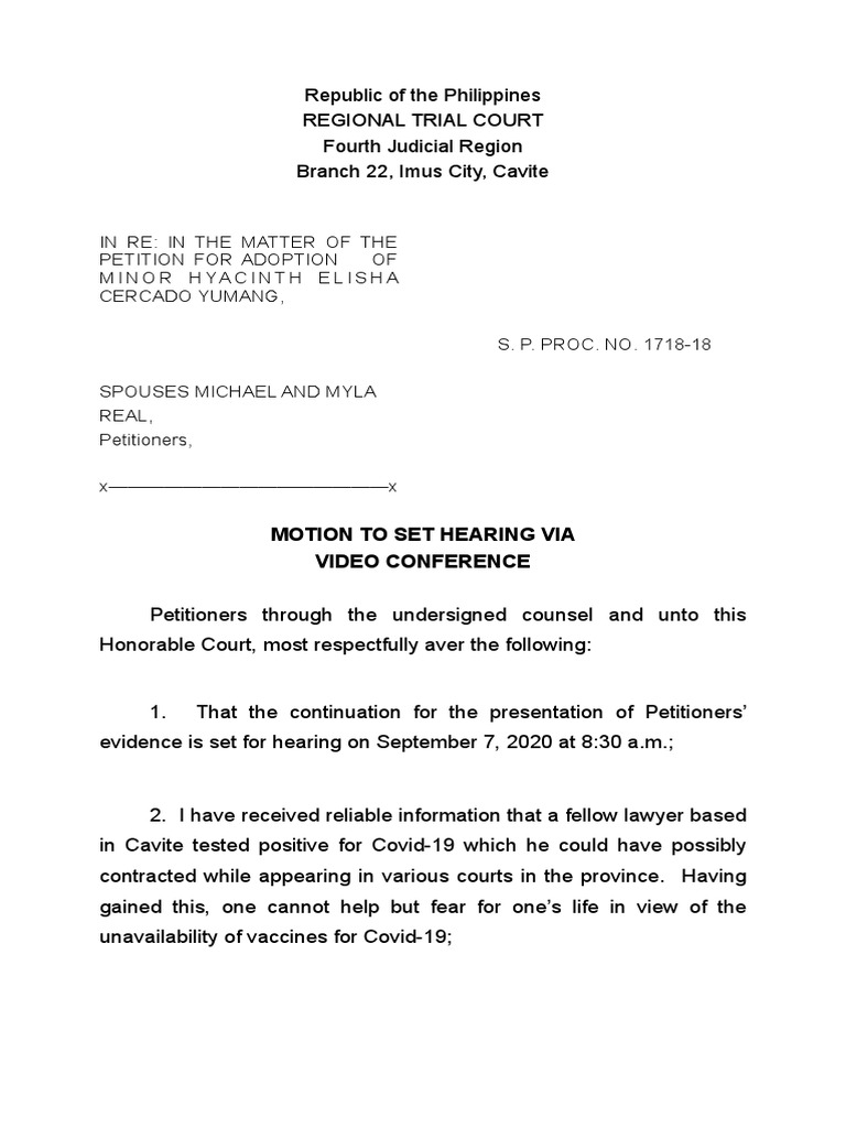 Motion for Video Hearing in Adoption Case | PDF | Common Law | Justice