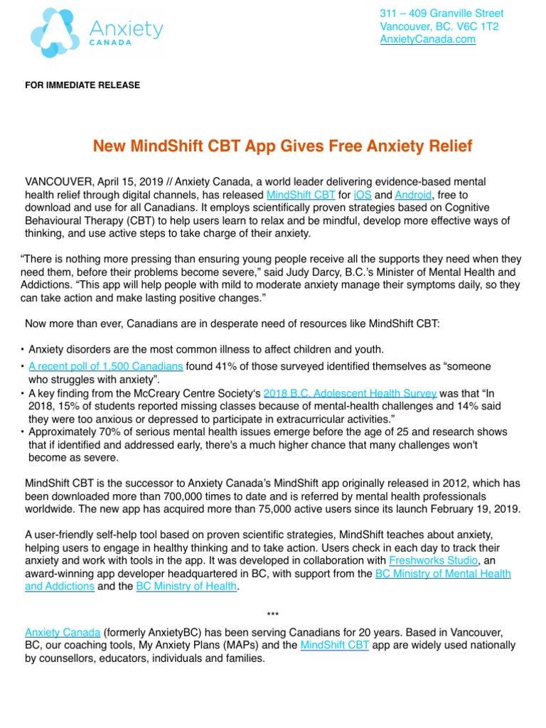 New MindShift CBT App Provides Free Anxiety Relief for Canadians | PDF ...