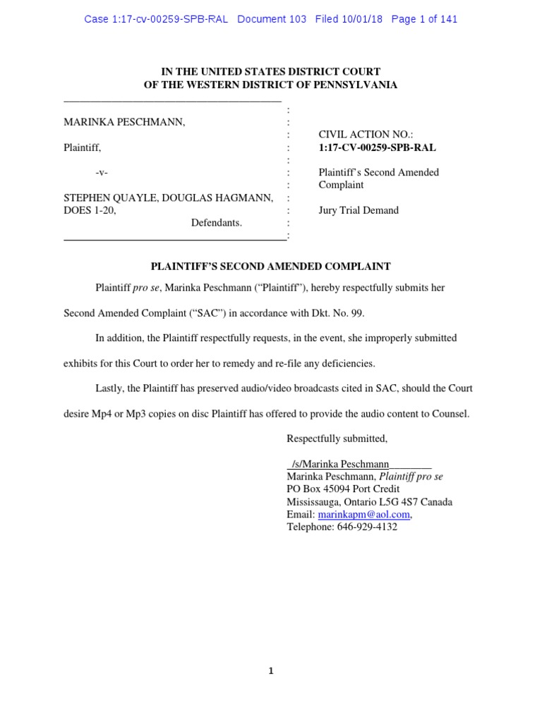 Plaintiff Marinka Peschmann's Second Amended Complaint Defamation