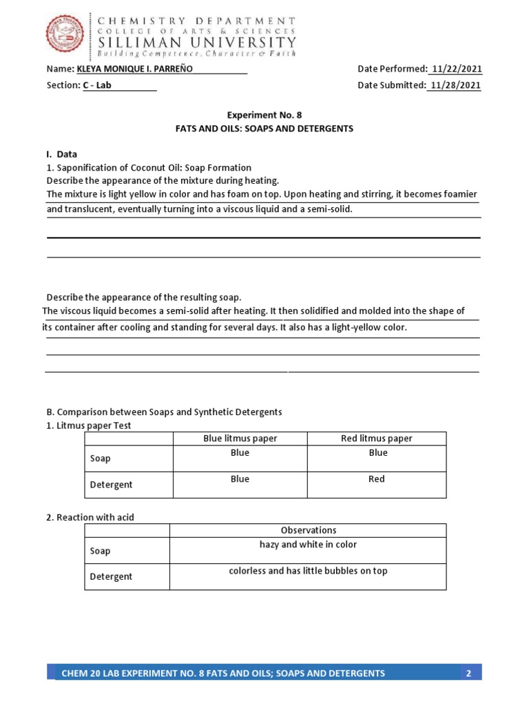Experiment No. 8 Fats and Oils Soaps and Detergents I. Data PDF