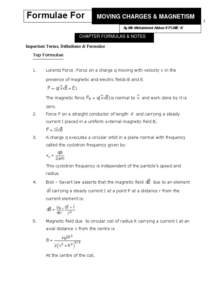 Moving Charges and Magnetism Formulas | PDF | Magnetic Field | Temporal ...