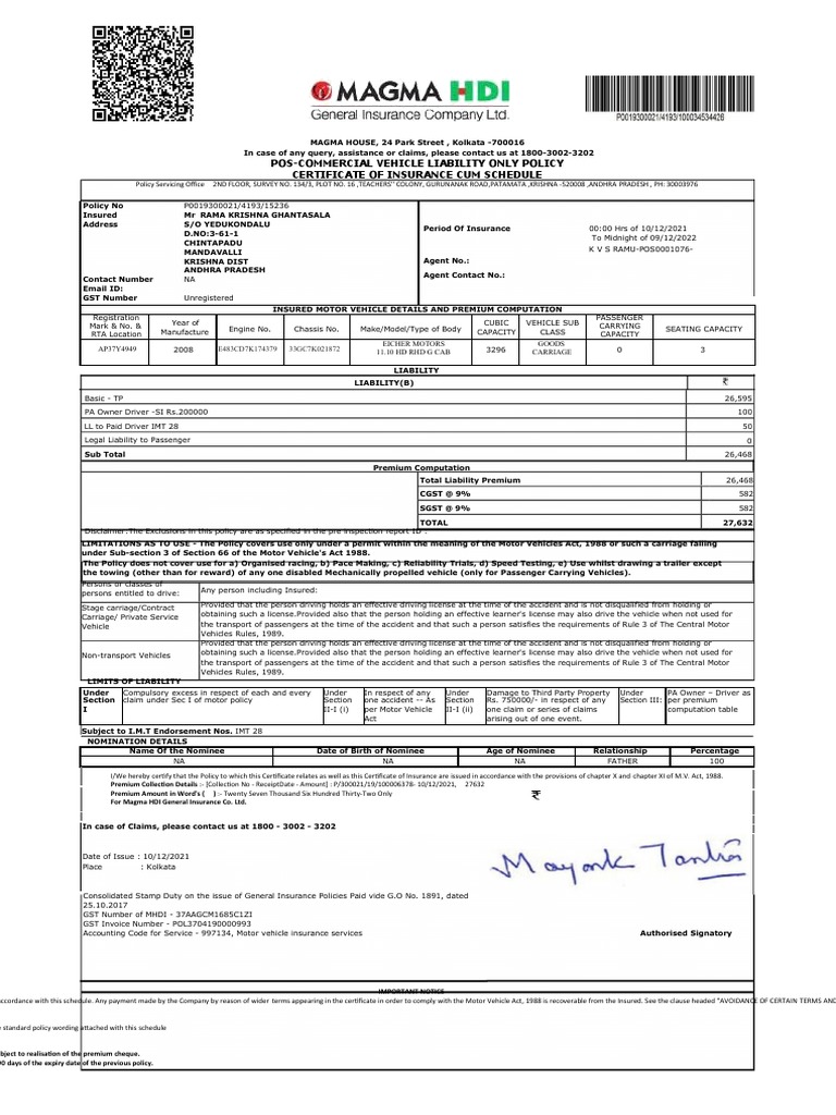 Magma HDI General Insurance Co. LTD PDF Vehicles Driver's License