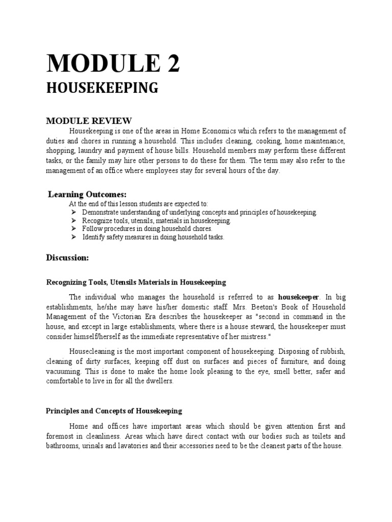 Housekeeping: Module Review | PDF | Housekeeping | Hygiene