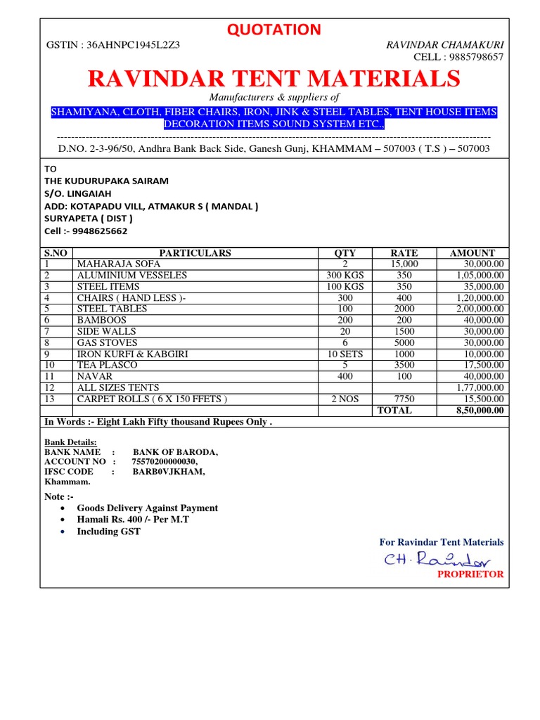Quotation For Tent Material PDF