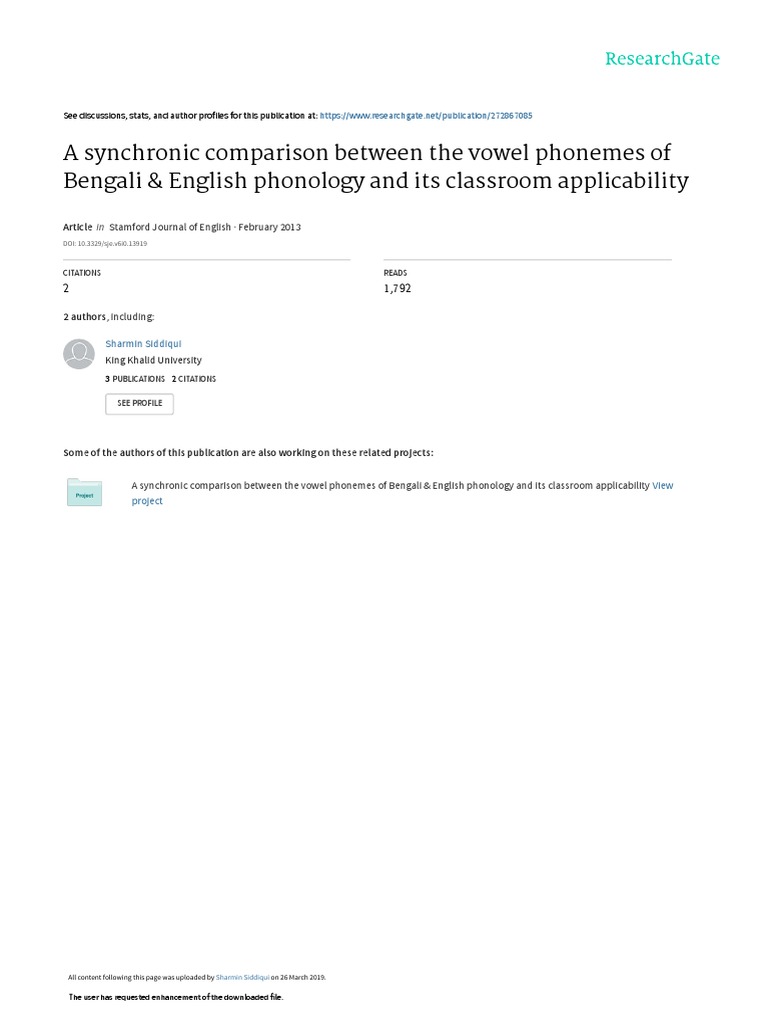A Synchronic Comparison Between The Vowel Phonemes of Bengali & English