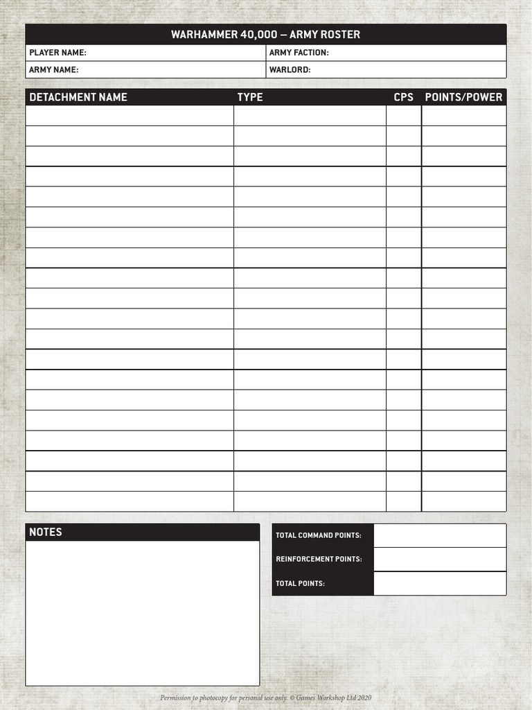Roster Sheet 40k | PDF
