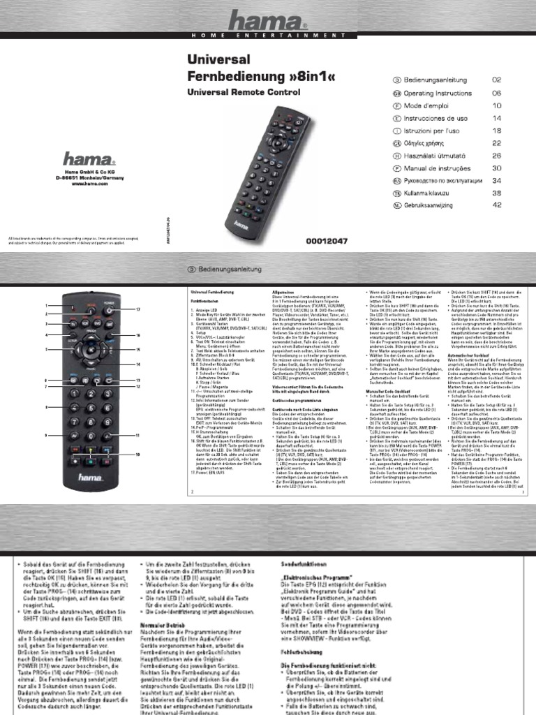 Hama Universal Remote Control User Guide PDF