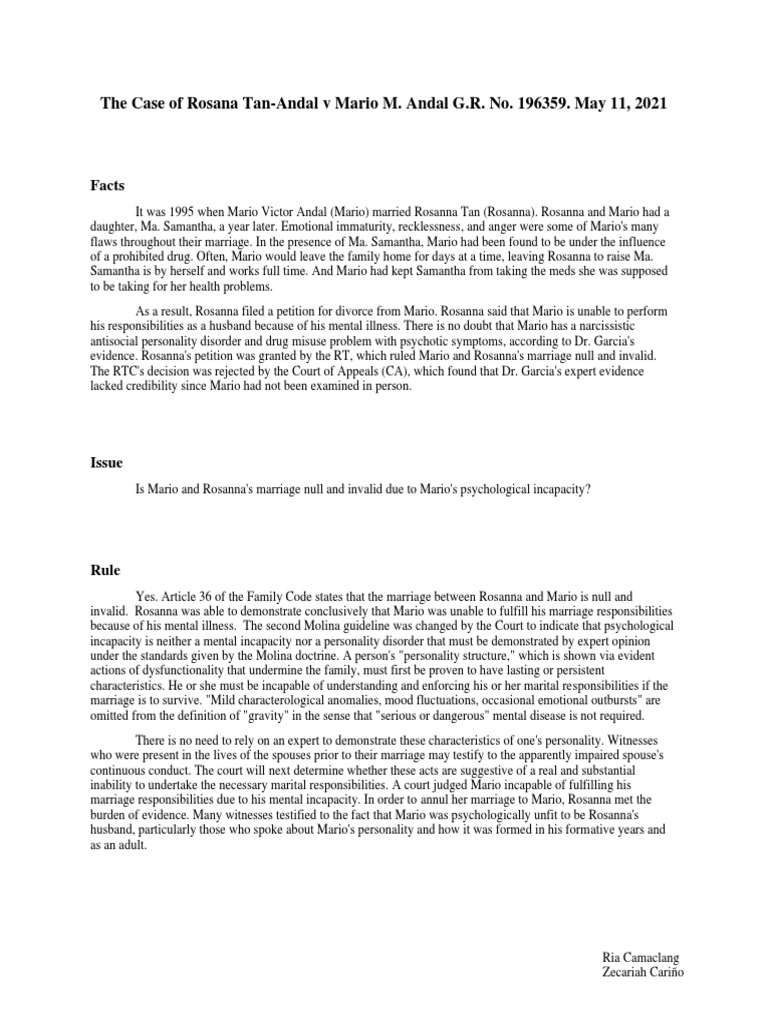 The case of rosana tan andal v mario m andal g r no 196359 may 11