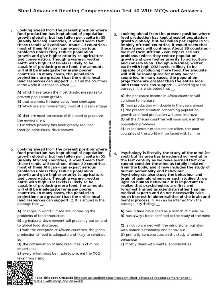 Advanced Reading Comprehension Test 1 – PUZNM