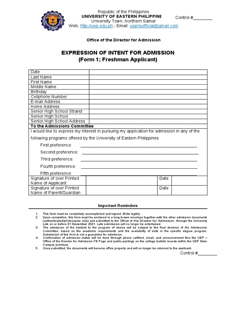 UEP Admission Expression of Intent Form | PDF