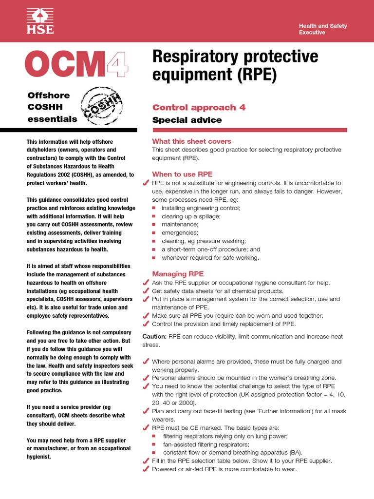 Respiratory Protective Equipment (RPE) Offshore Coshh Essentials