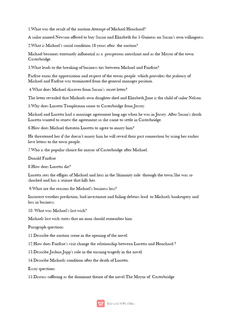 The Mayor of Casterbridge: Key Events Analysis | PDF