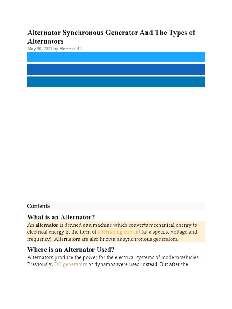 Types and Uses of Alternators Explained | PDF | Electric Generator ...
