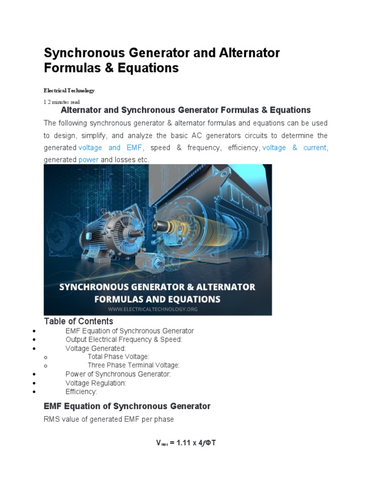 Synchronous Generator and Alternator Formulas PDF Machines Metrology