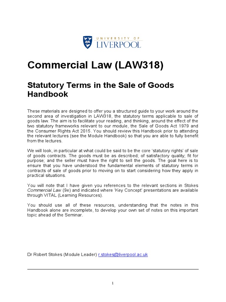 Statutory Terms in The Sale of Goods Topic Handbook | PDF | Contractual ...
