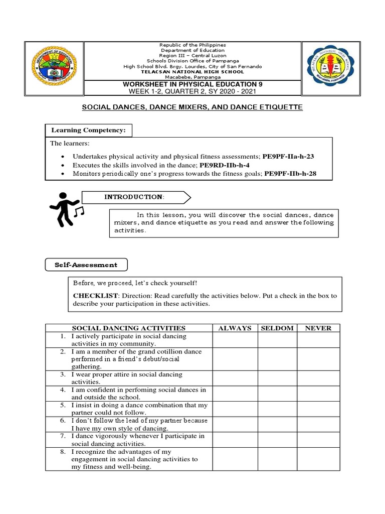 Social Dances, Dance Mixers, and Dance Etiquette: Worksheet in Physical ...