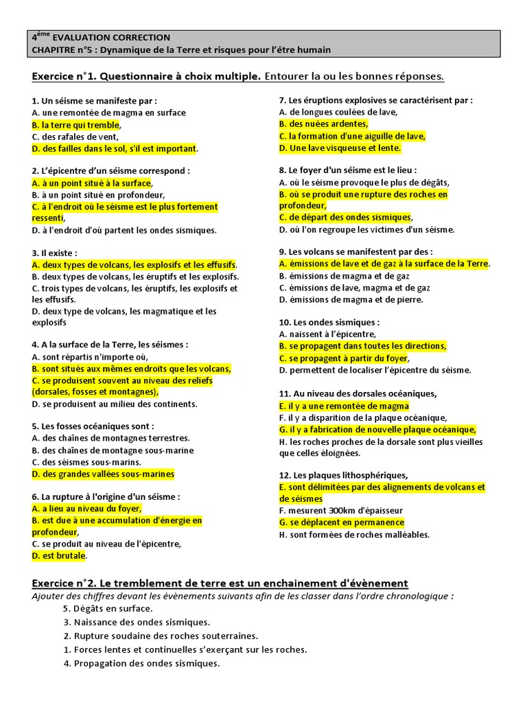 Devoir Corrigé Svt 4ème Mouvement Des Plaques SVT 4eme Tectonique Évaluation Corrigée | PDF | Tremblements de terre |  Volcan