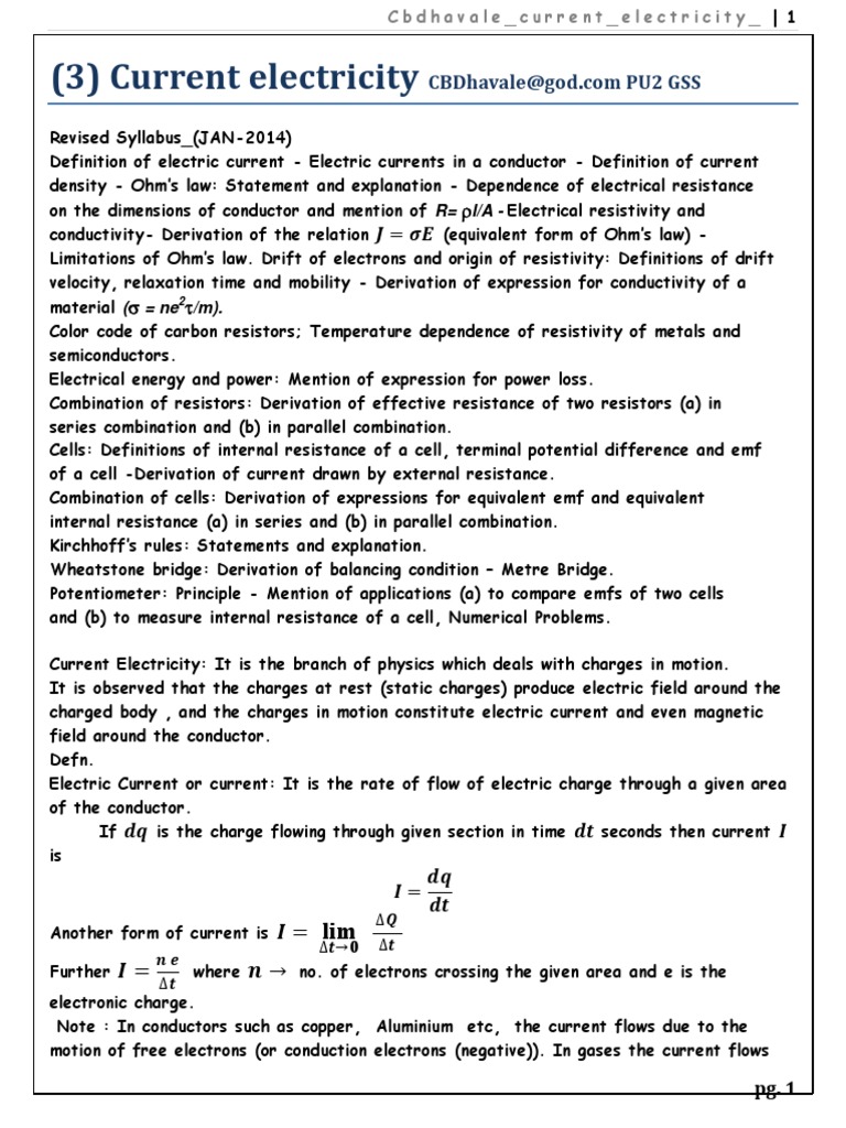Current Electricity Concepts and Derivations | PDF | Electrical ...
