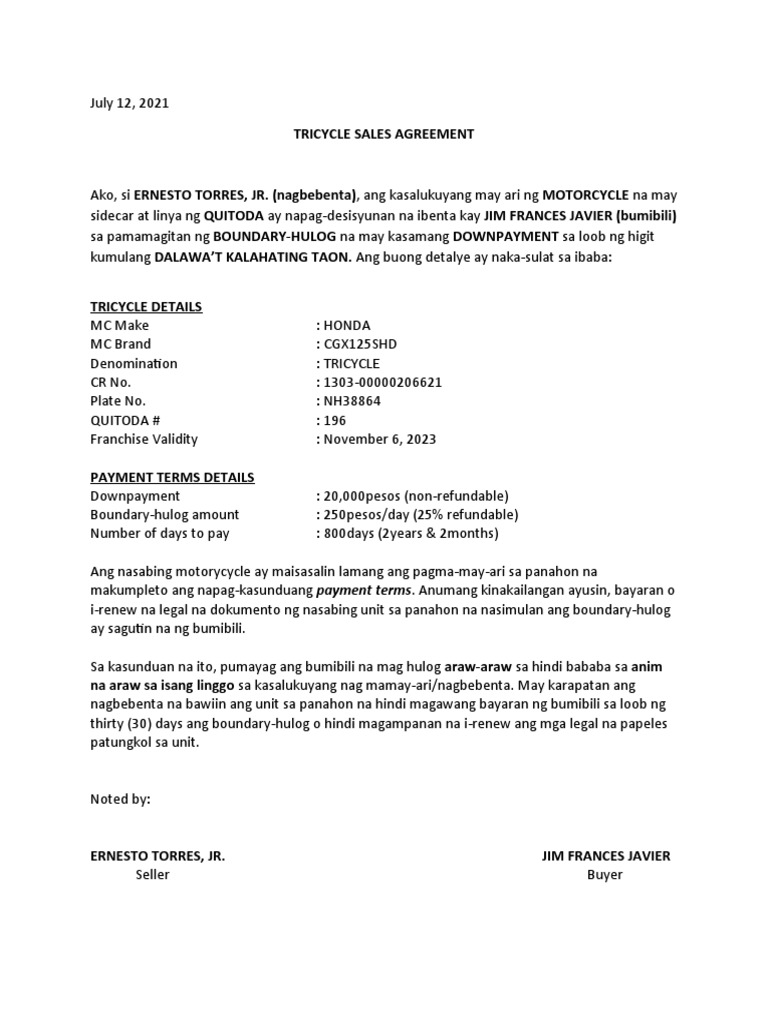 196 Tricycle Sales Agreement PDF