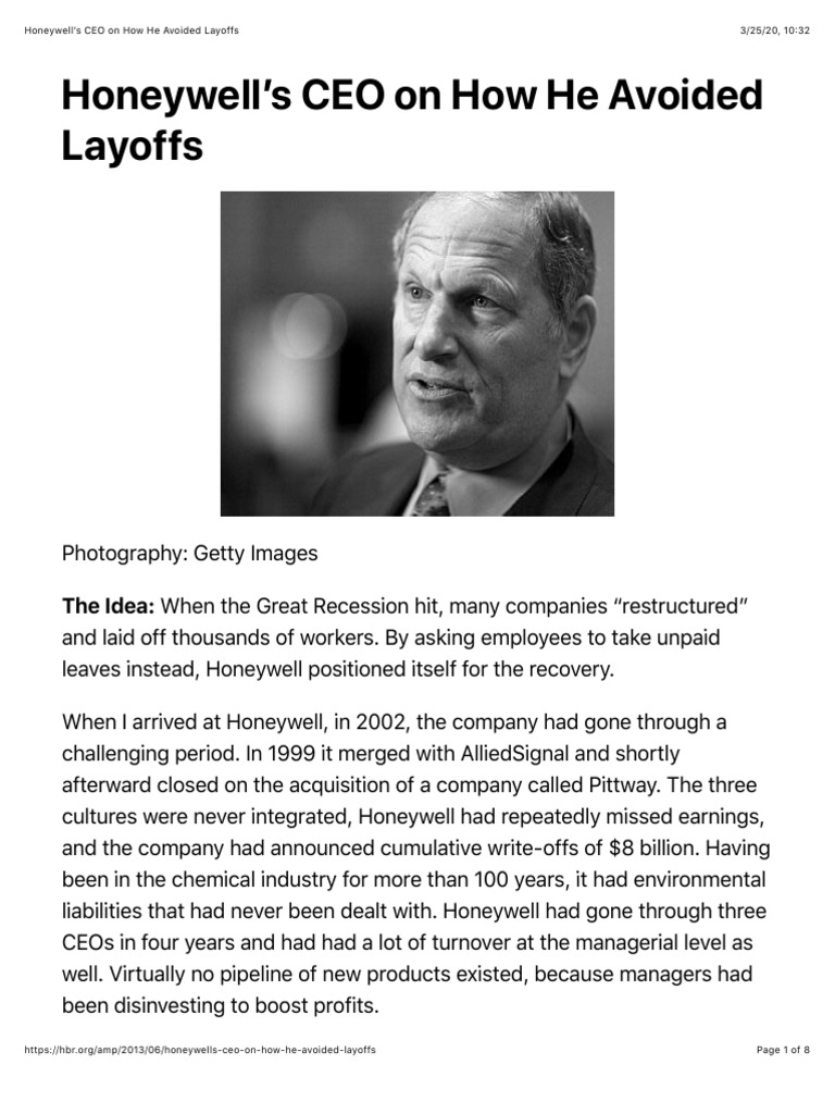 Honeywell's CEO On How He Avoided Layoffs PDF Layoff Employment