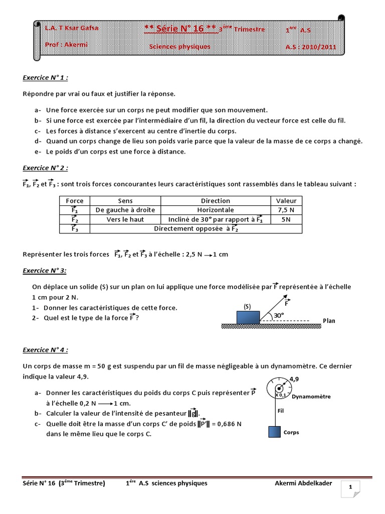 Exercices de Sciences Physiques 3ème Trimestre | PDF | Poids | Masse