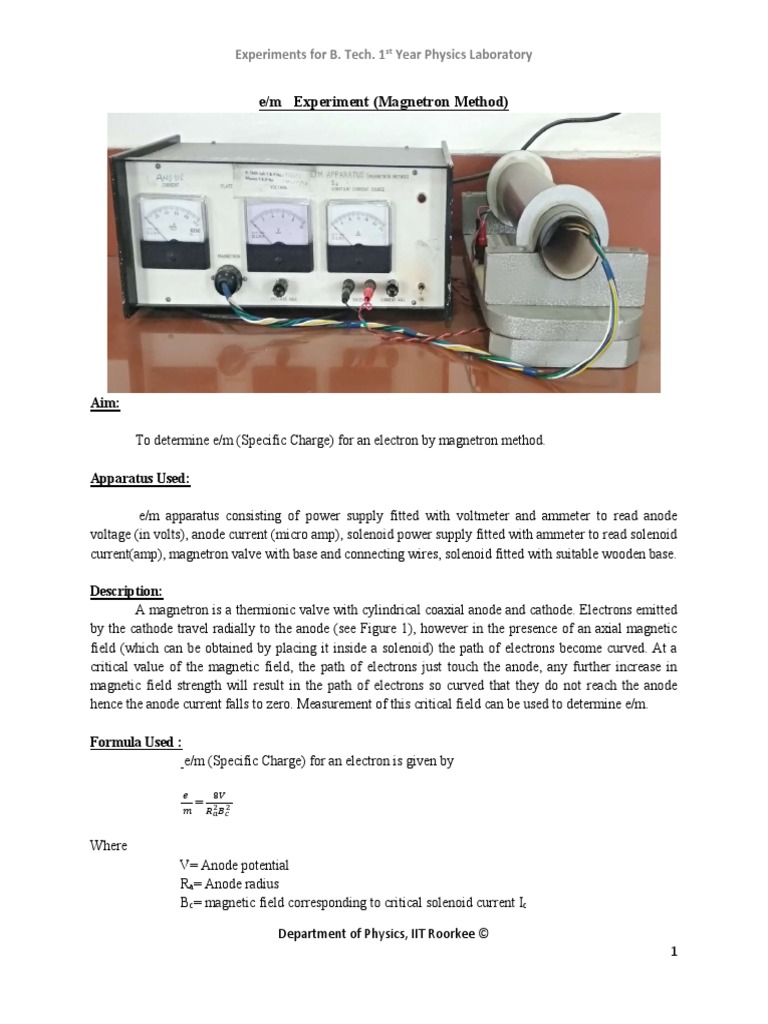 E/m Experiment (Magnetron Method) : Experiments For B. Tech. 1 Year ...