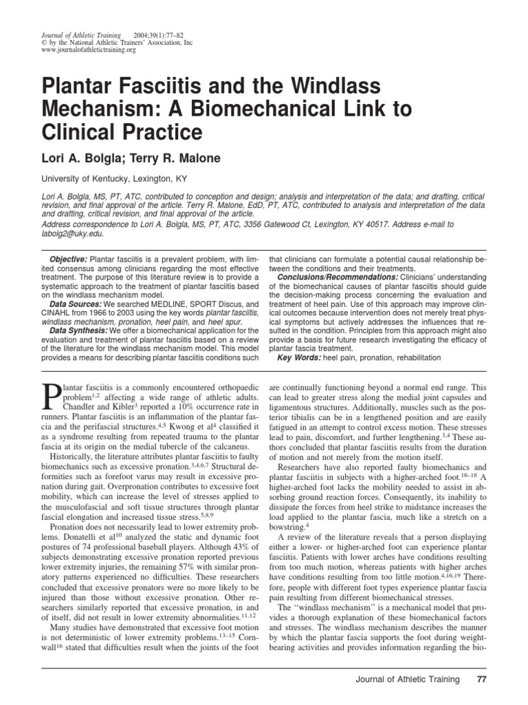 Plantar Fasciitis and The Windlass Mechanism PDF Foot Human Leg
