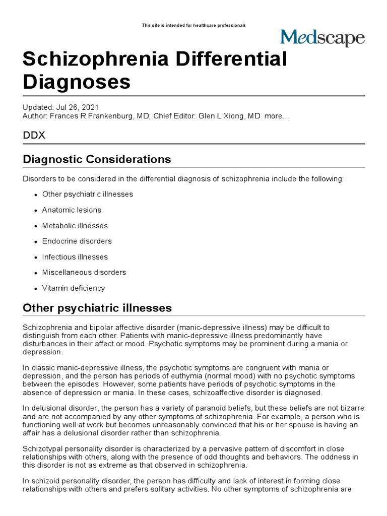 Schizophrenia Differential Diagnoses PDF Mental Disorder