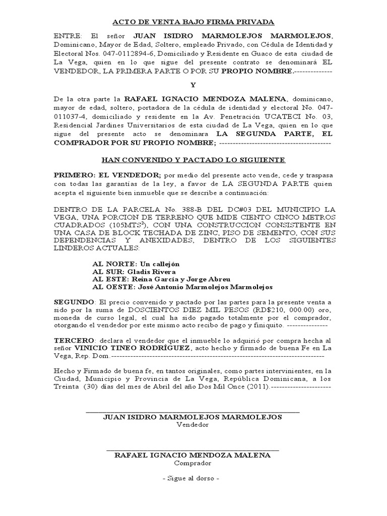Acto de Venta Bajo Firma Privada