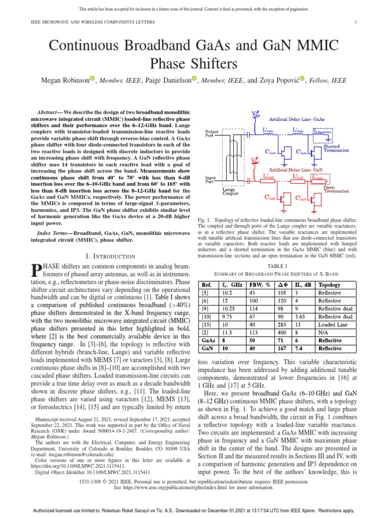 Continuous Broadband GaAs and GaN MMIC Phase Shifters PDF Amplifier