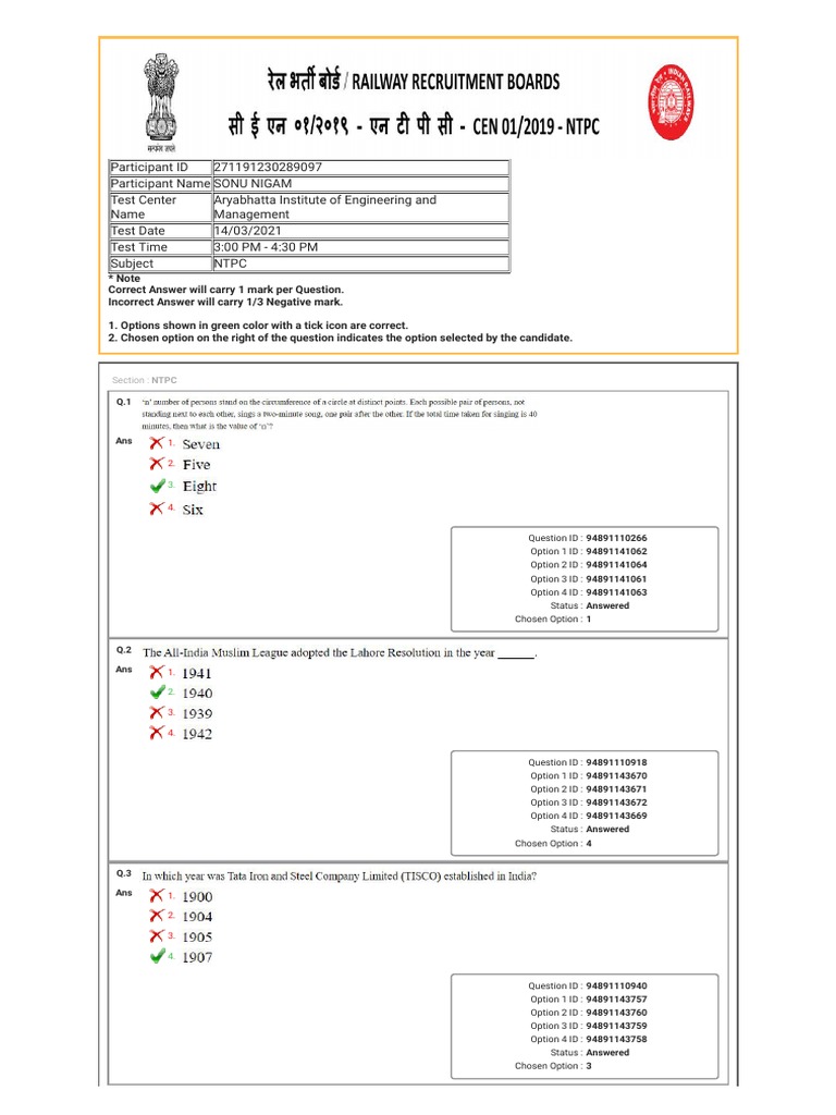 RRB NTPC Answer Key PDF