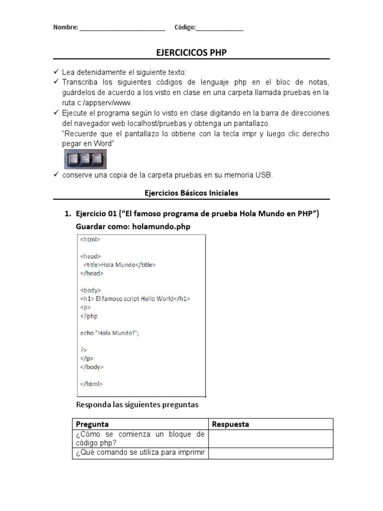 Guía de Ejercicios PHP para Estudiantes | PDF | Php | HTML