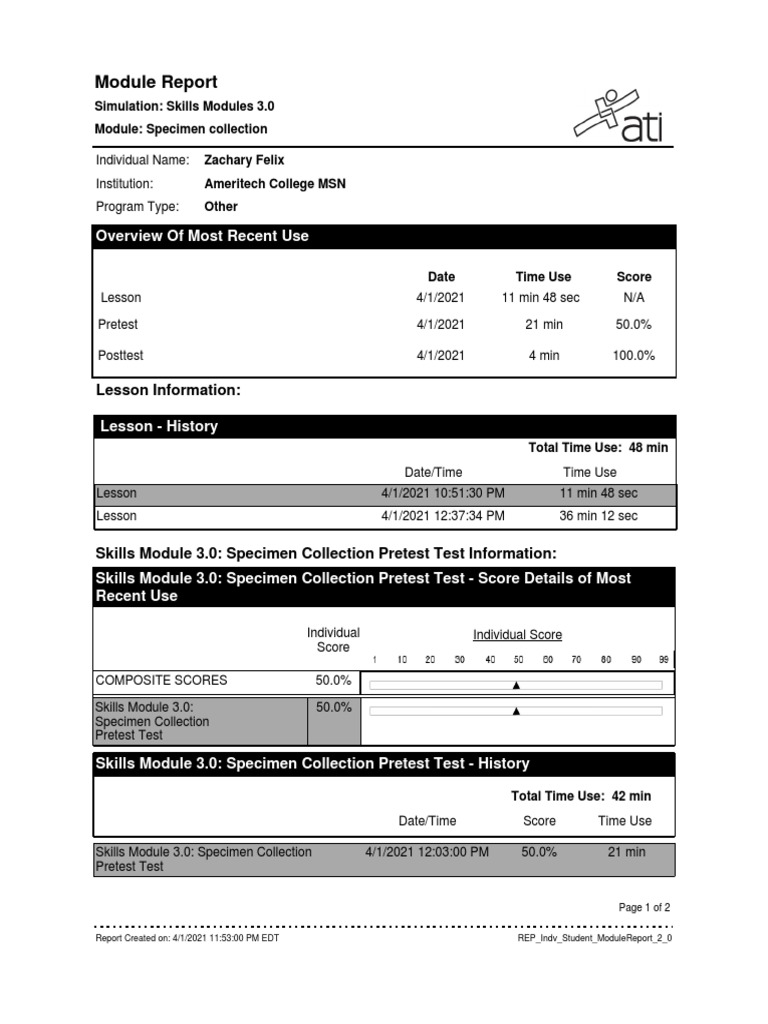 Specimen Collection ATI PDF Evaluation Methods Evaluation