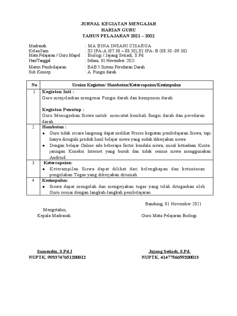 Jurnal Kegiatan Mengajar Harian Guru-2 | PDF | Teknologi & Rekayasa