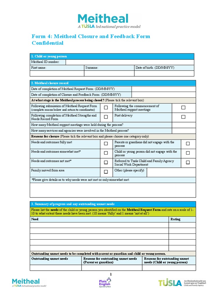 Form 4: Meitheal Closure and Feedback Form Confidential: 1. Child or ...