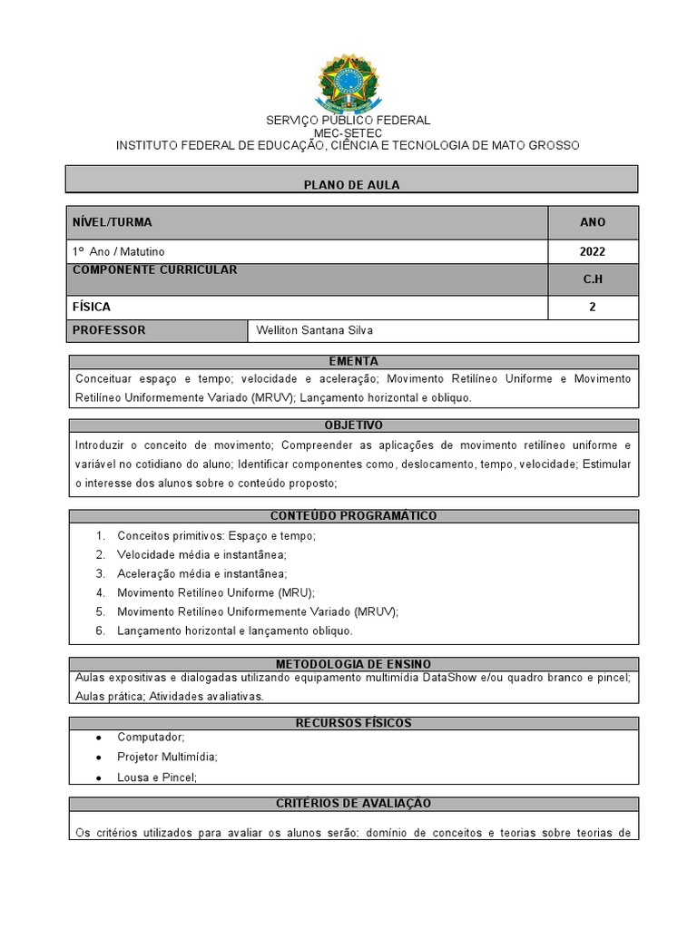Modelo de Plano de Aula | PDF | Física | Velocidade