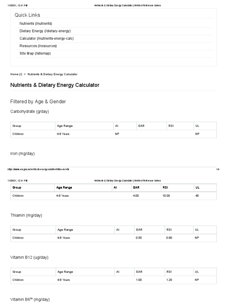 Nutrient & Energy Calculator Tool | PDF | Nutrients | Vitamin