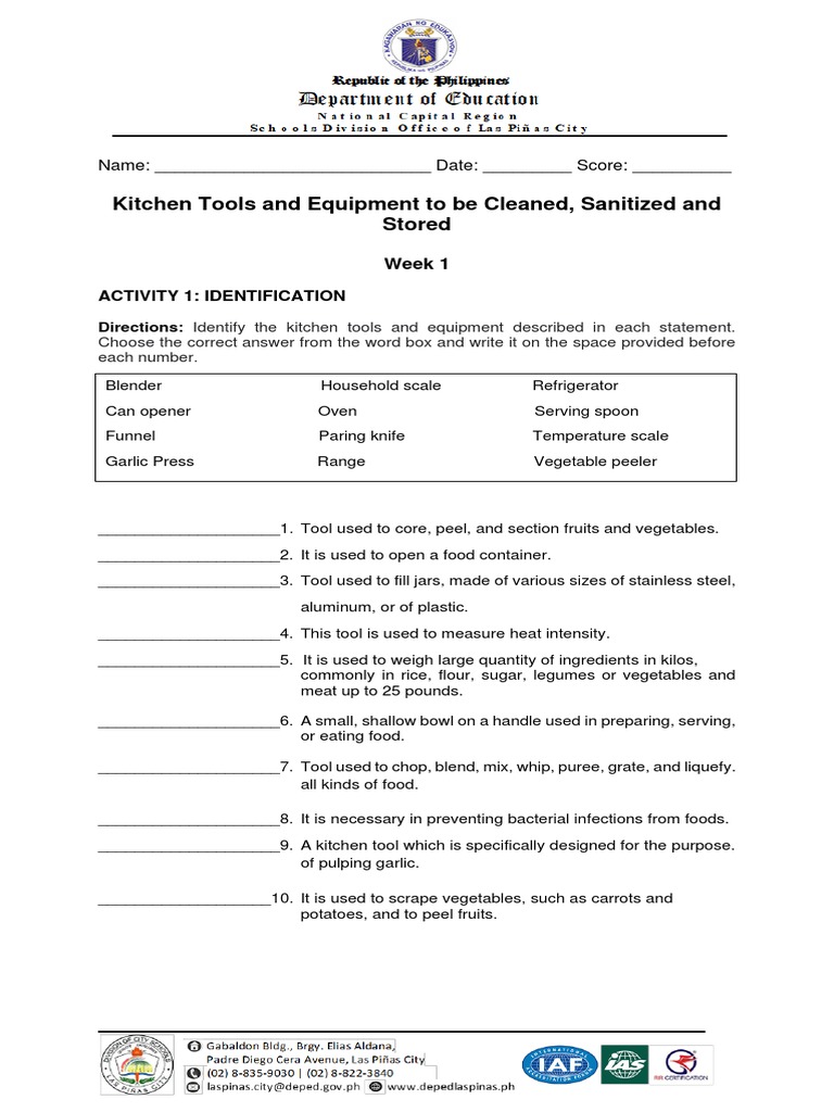 Kitchen Tools and Equipment To Be Cleaned, Sanitized and Stored PDF