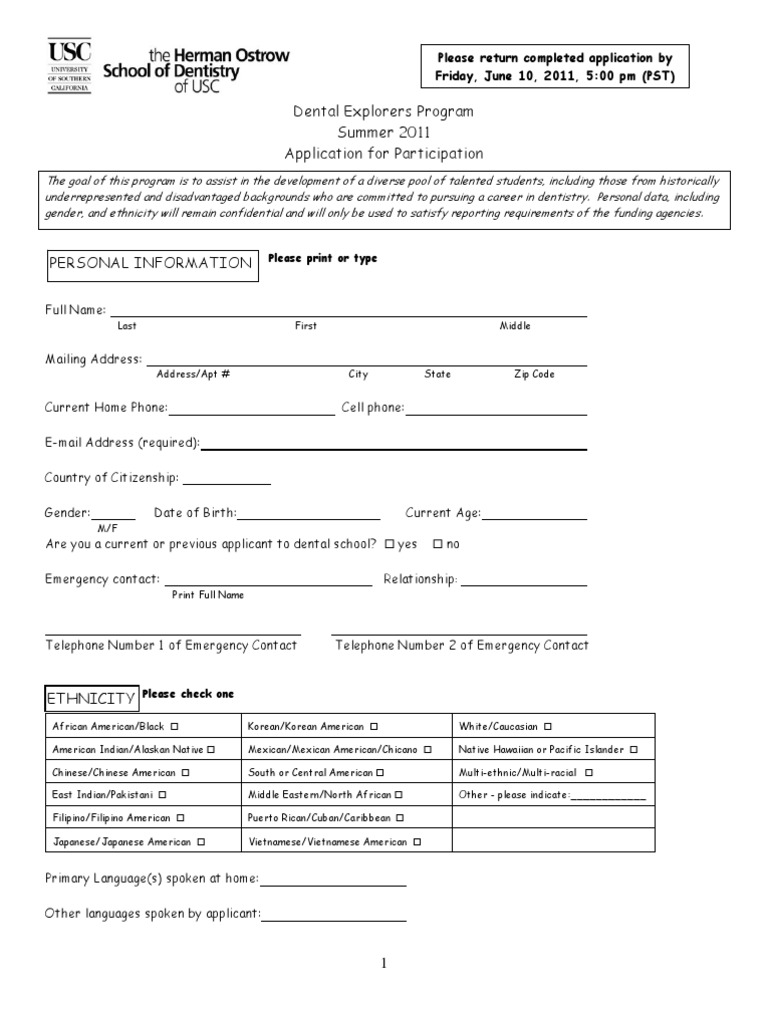 Dental Explorers Program Summer 2011 Application For Participation