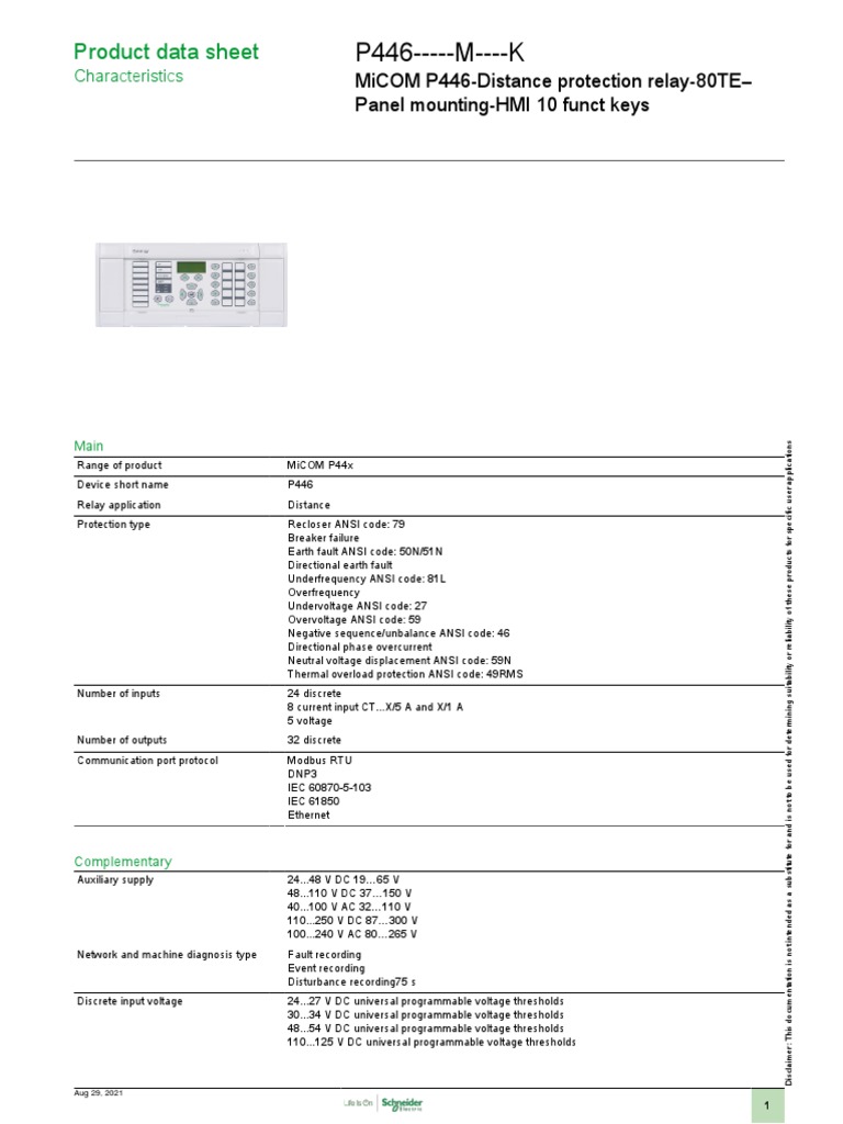Product Data Sheet: Micom P446-Distance Protection Relay-80Te - Panel