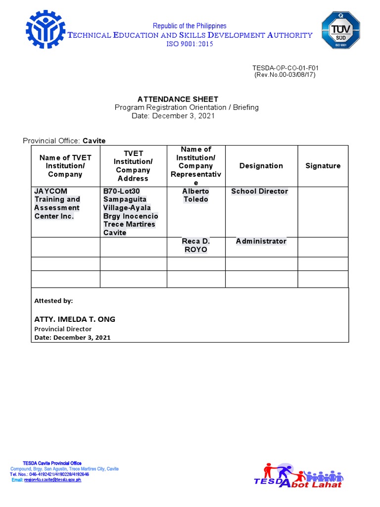 Certification of Concurrence - TESDA | PDF | Business