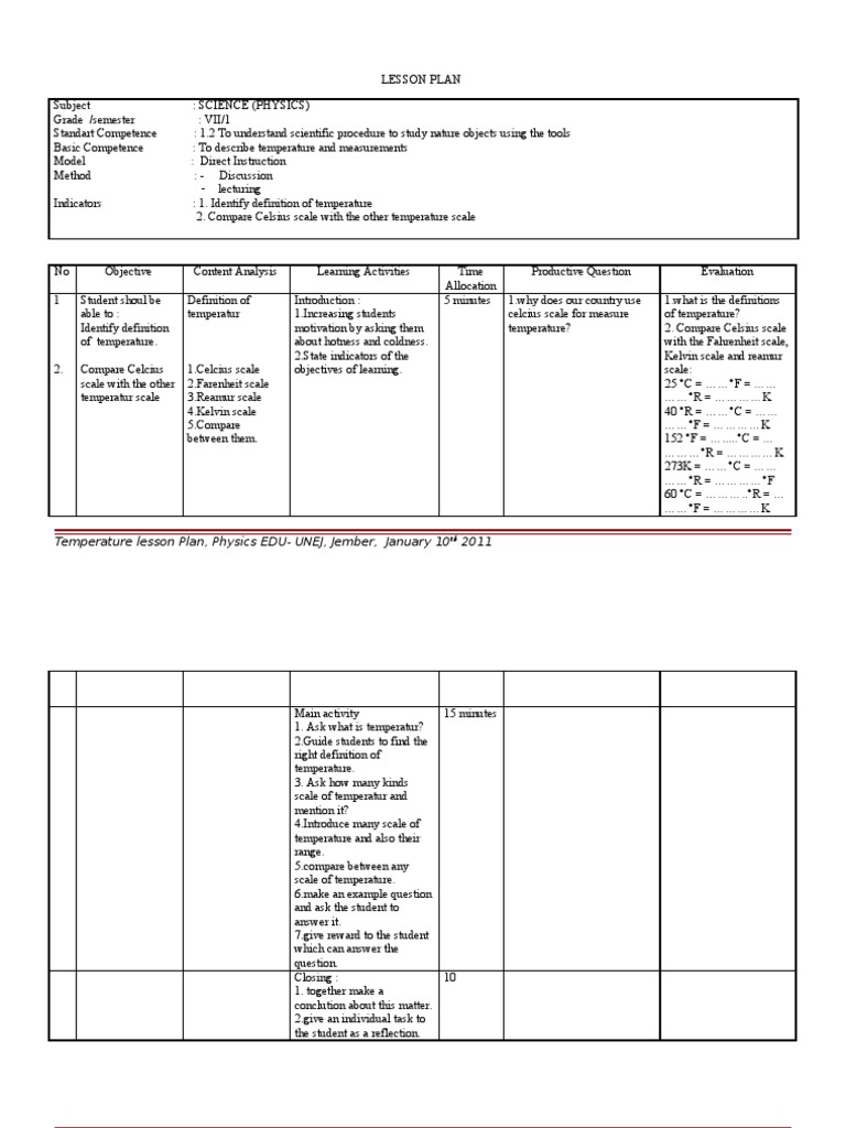 Temperature Measurement Lesson Plan | PDF | Fahrenheit | Celsius