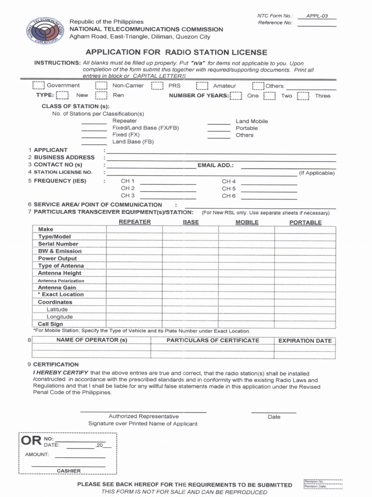 Application Form For Radio Station License PDF Communication