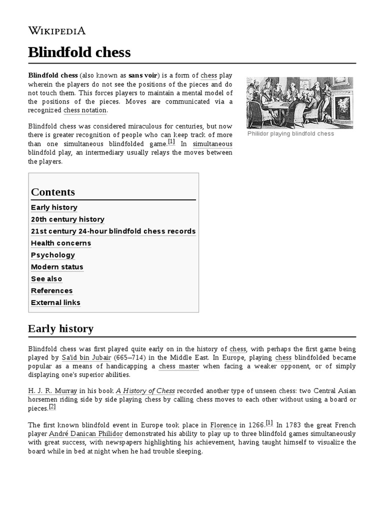 Blindfold Chess Blindfold Chess (Also Known As Sans Voir) Is A Form of
