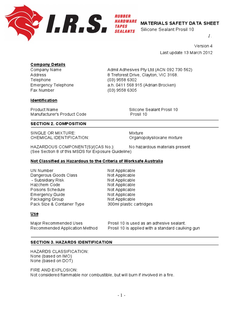 Company Details Silicone Sealant Prosil 10 PDF Toxicity Dangerous Goods