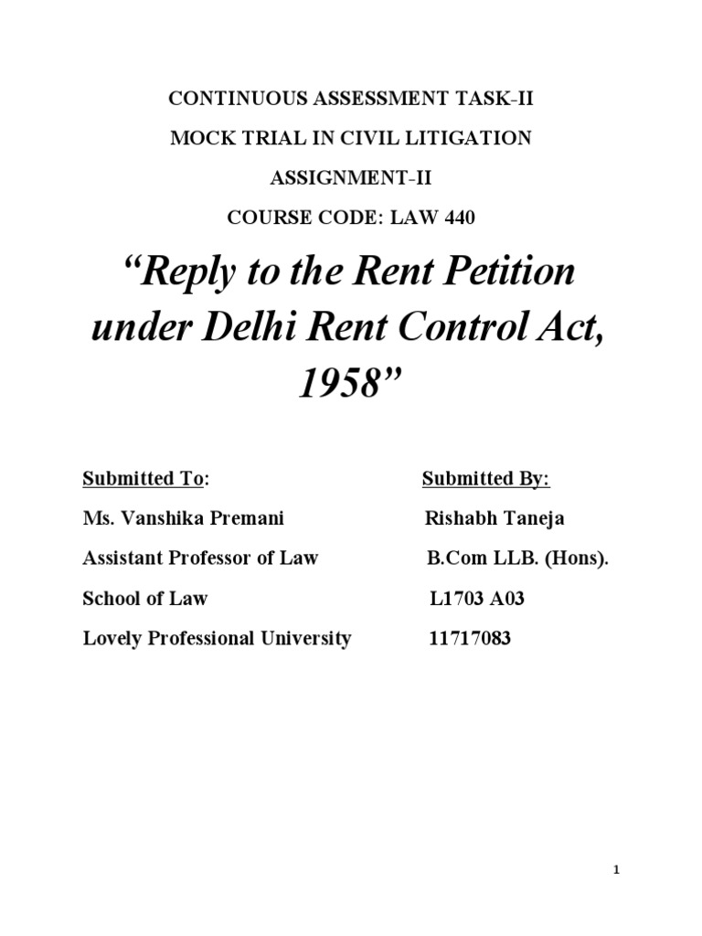 Reply To The Rent Petition Under Delhi Rent Control Act, 1958