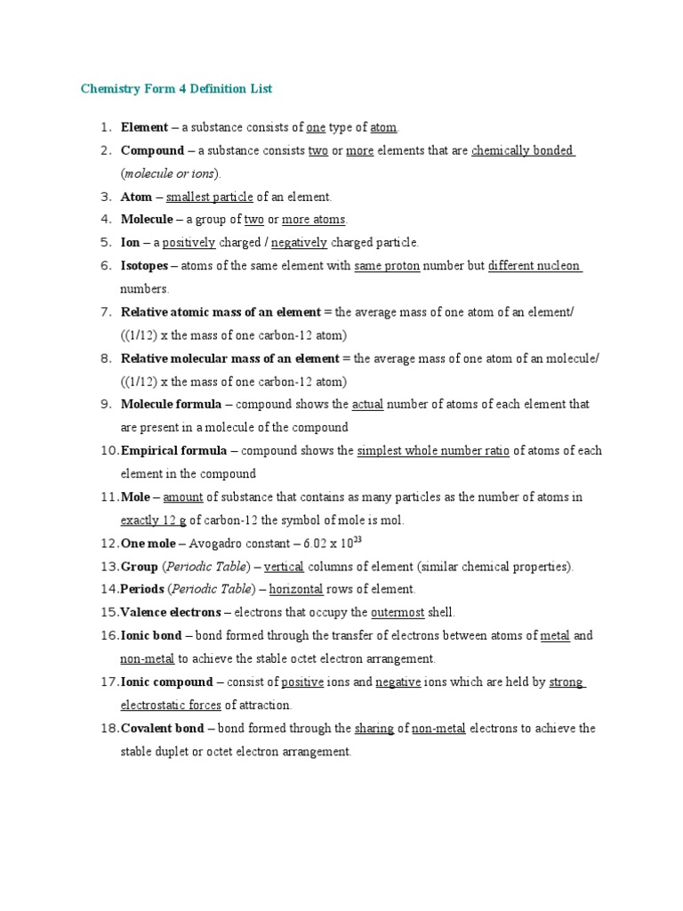 Chemistry Form 4 Definitions Guide | PDF | Molecules | Mole (Unit)